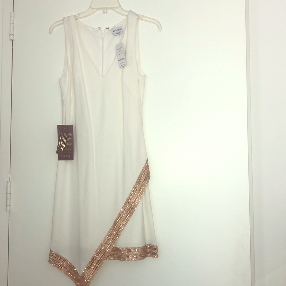 Bebe Off White Dress w/Gold Trim Rhinestones
